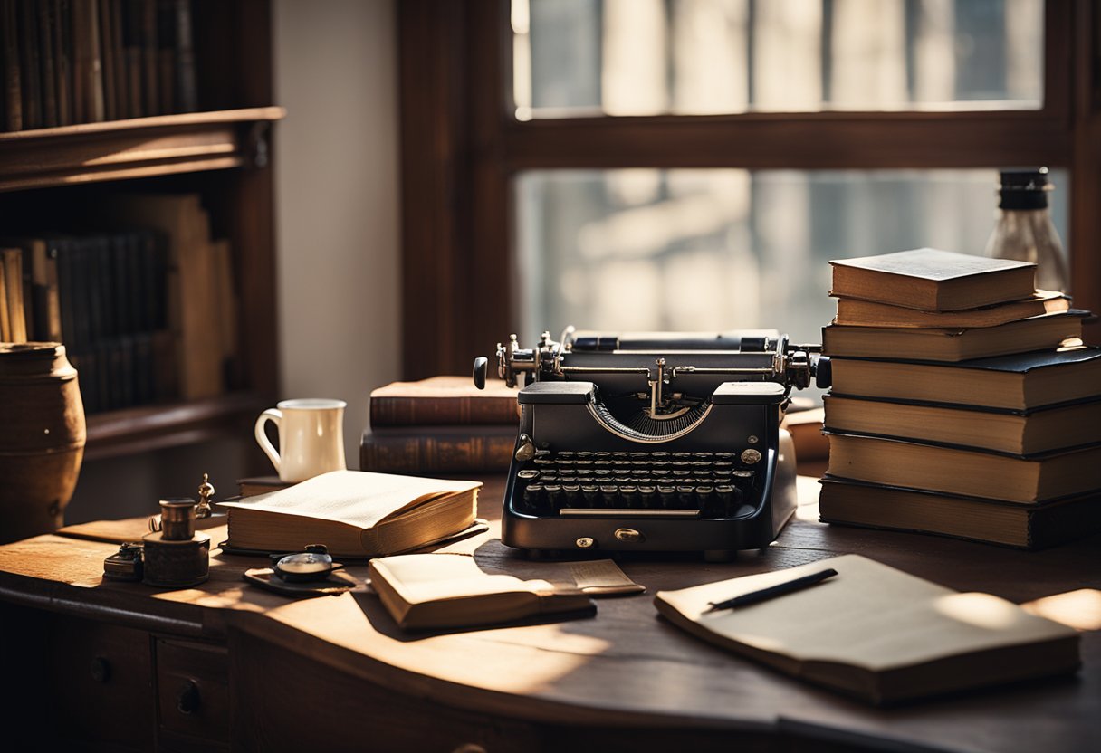 A cluttered desk with antique typewriter, vintage books, and quill pen. Sunlight streaming through window onto worn wooden floor