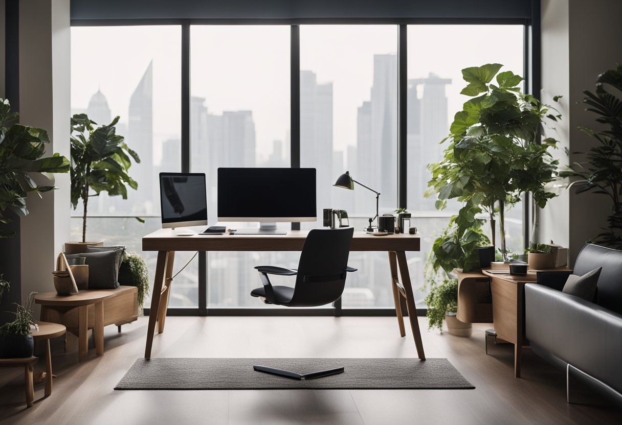 A sleek desk with a minimalist computer setup, surrounded by modern furniture and large windows with natural light streaming in