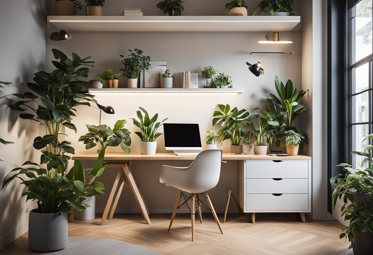 A clutter-free desk with modular furniture, removable wallpaper, and adjustable lighting in a bright, airy room with plants and storage solutions