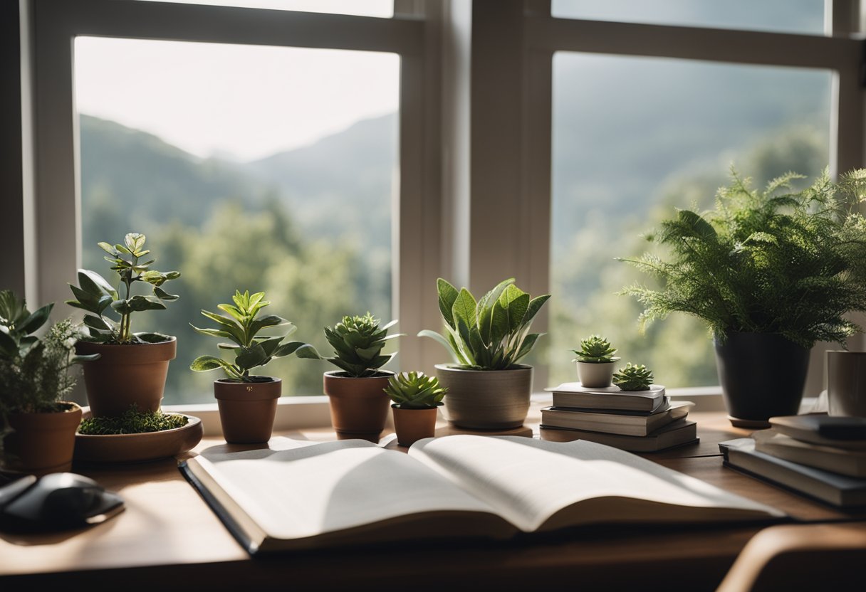 A cluttered desk with personalized decor, plants, and a cozy reading nook in a well-lit room with large windows and a view of nature