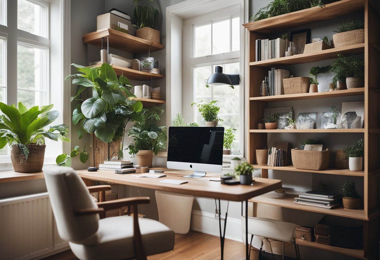 A cozy home office with a desk, bookshelves, and a comfortable chair. A wall adorned with artwork and shelves displaying hobby-related items. Natural lighting and plants add a touch of warmth