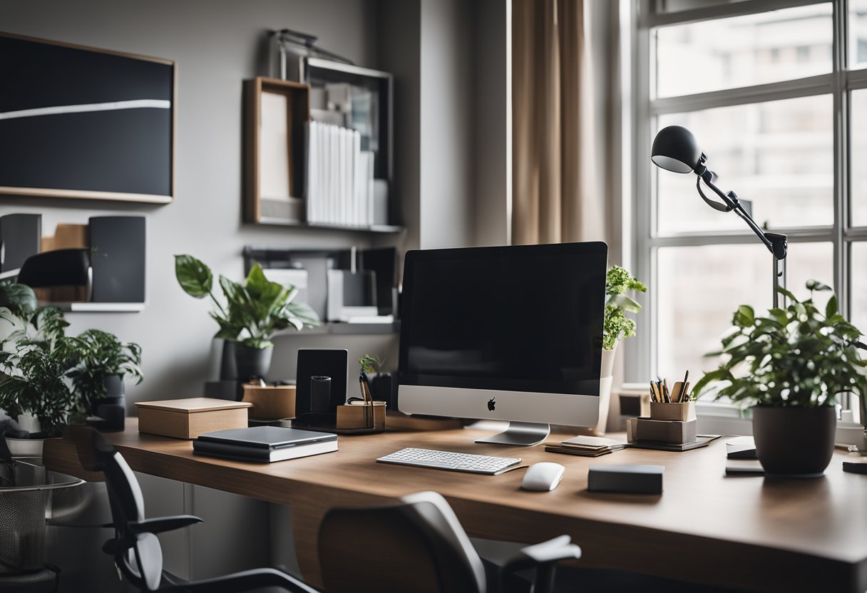 A clutter-free desk with a laptop, a sleek monitor, and a few carefully curated personal items. Natural light filters through large windows, illuminating the space