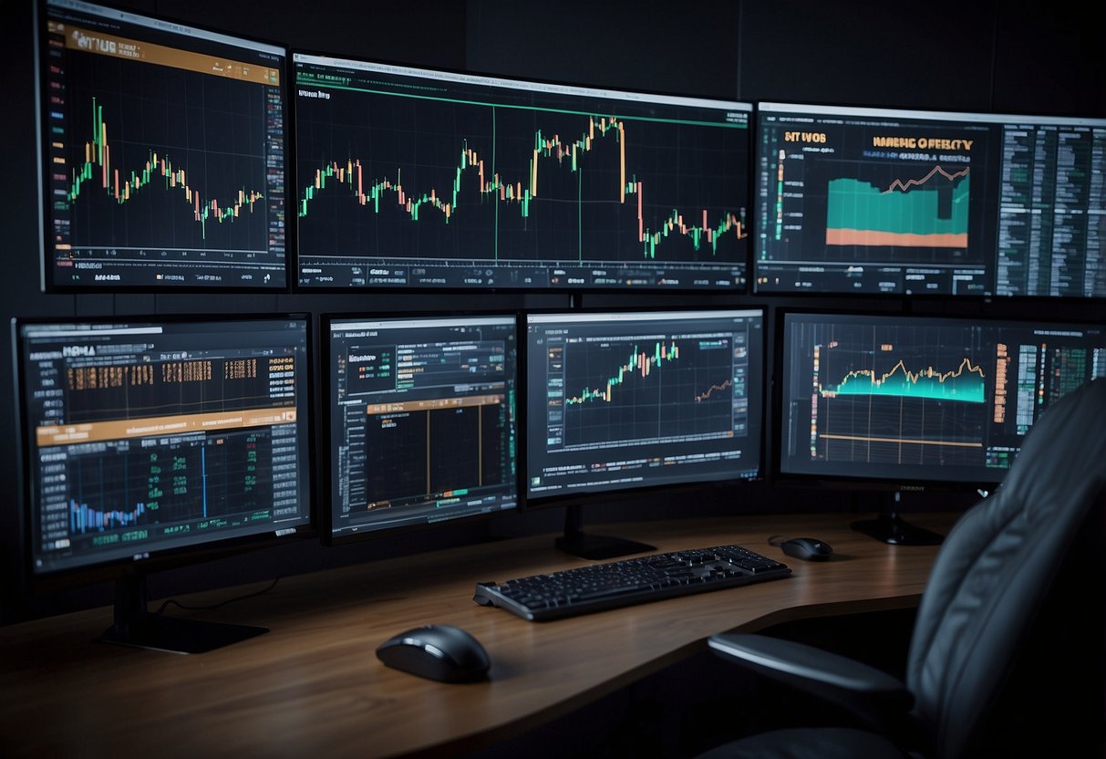 A computer screen displays cryptocurrency trading charts and data. Multiple monitors show price movements and trading strategies