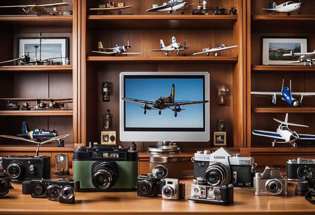 A home office with shelves displaying model airplanes, a desk with a collection of vintage cameras, and walls adorned with framed sports memorabilia