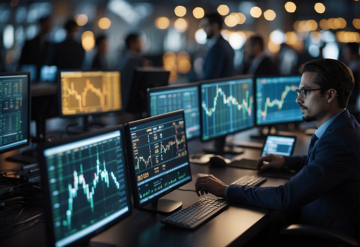 A bustling cryptocurrency market with traders analyzing charts and making transactions. Multiple digital currency symbols and graphs displayed on computer screens