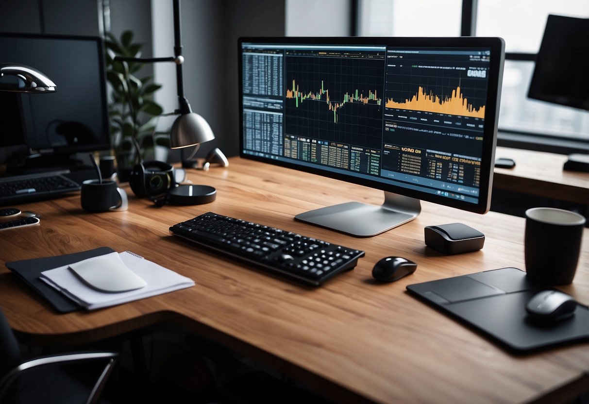 A desk with a computer, charts, and trading tools for cryptocurrency analysis and strategies