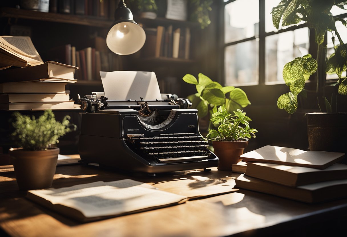 A cluttered desk with books, papers, and a vintage typewriter. Sunlight streams in through a large window, casting shadows on the worn wooden floor. A cozy armchair sits in the corner, surrounded by potted plants