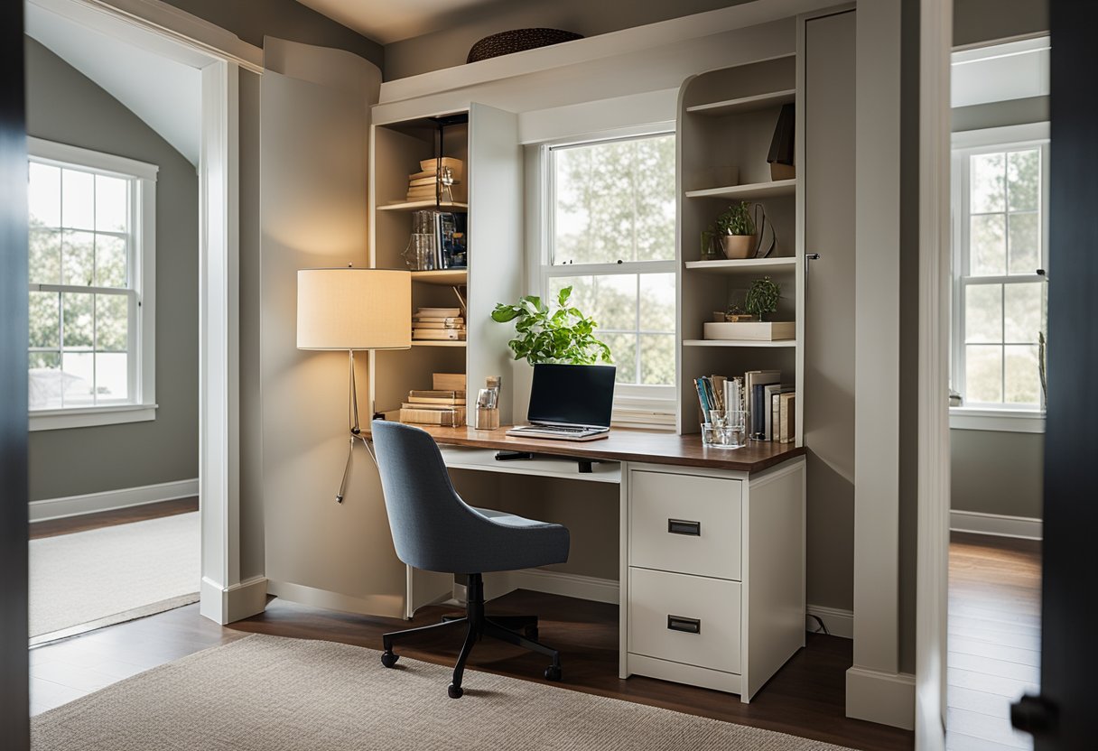 A closet door opens to reveal a transformed home office with a desk, chair, and organized storage. Light streams in from a nearby window, creating a cozy and functional workspace