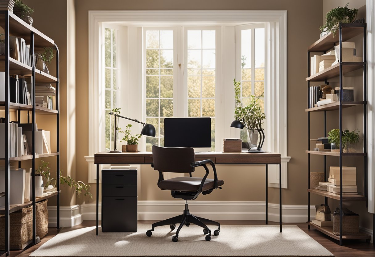 A cozy home office with a sleek desk, ergonomic chair, bookshelves, and a warm color scheme. A desk lamp illuminates the space, while a large window provides natural light