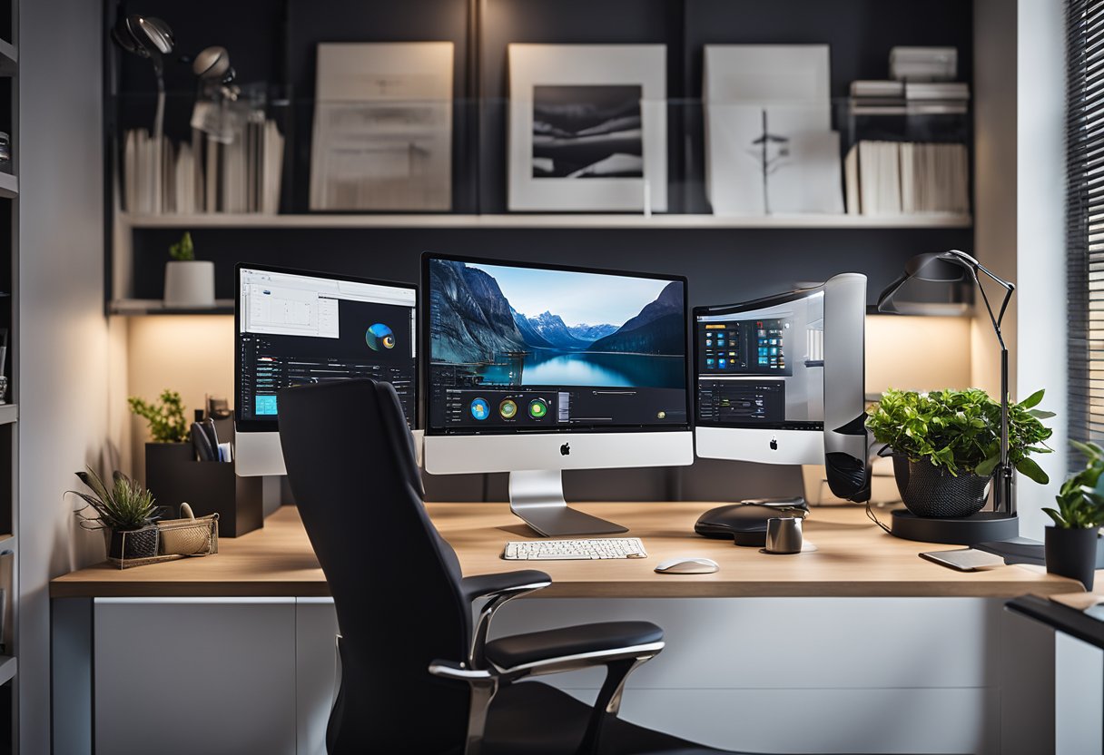 A sleek home office with integrated technology, featuring a modern desk, ergonomic chair, dual monitors, smart lighting, and a clutter-free workspace