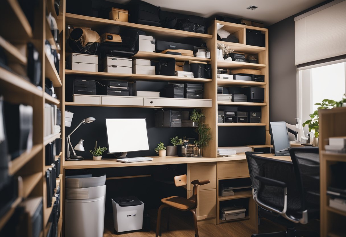 A cluttered closet with shelves cleared out, a desk and chair installed, a computer and office supplies neatly organized