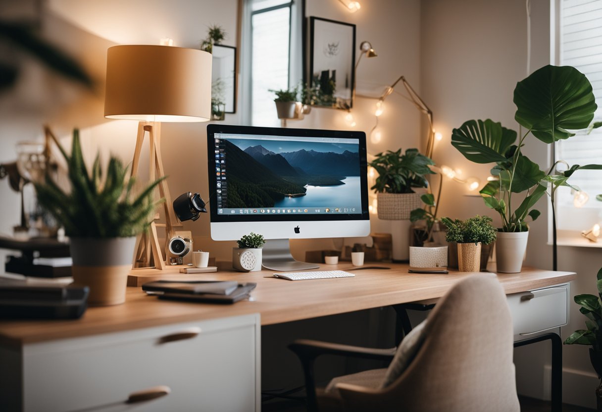 A cozy home office with warm lighting, a comfortable chair, organized desk, and personal touches like photos and plants