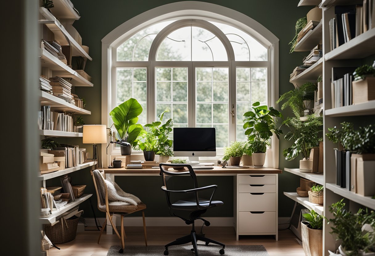 A cozy home office with warm lighting, a clutter-free desk, ergonomic chair, and organized shelves filled with books and supplies. A large window provides natural light, and a plant adds a touch of greenery