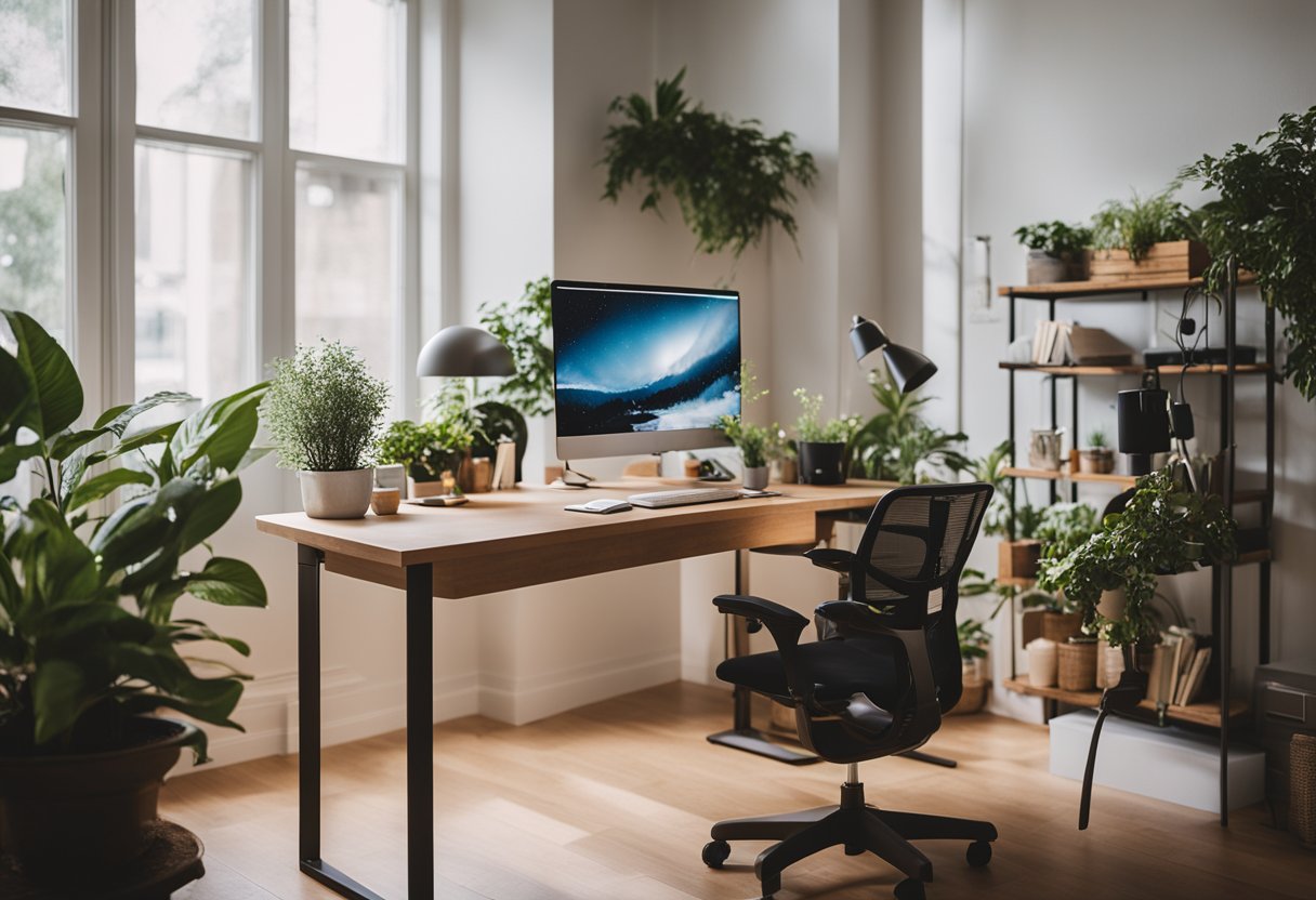 A cozy home office with ergonomic furniture, natural lighting, plants, and calming decor. A standing desk, comfortable chair, and organized workspace promote productivity and wellbeing