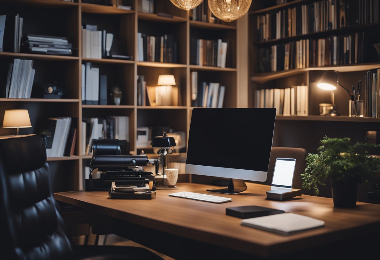 A cozy home office with dim lighting, a comfortable chair, and a large desk with a computer and various office supplies. A bookshelf filled with books and a warm cup of coffee on the desk