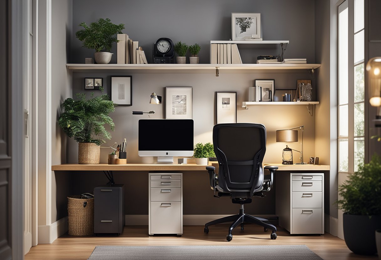 A cozy home office with a sturdy desk, ergonomic chair, and a locked filing cabinet. Soft lighting and a computer screen with a privacy filter