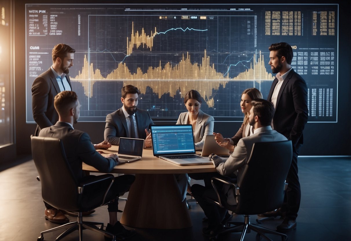 A group of cryptocurrency influencers gather around a digital market chart, discussing and analyzing trends. Graphs and charts are displayed on screens in the background