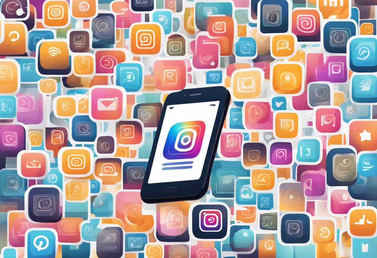 A smartphone displaying an Instagram profile with a high number of followers, surrounded by engagement and interaction icons