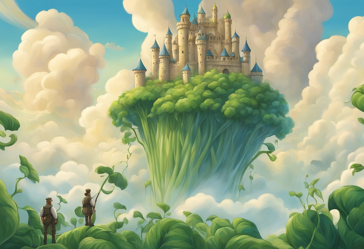 Jack climbs giant beanstalk, reaching clouds. Enormous castle sits atop. Giant guards stand watch