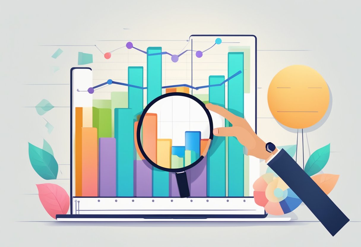 A bar graph shows increasing Instagram followers. A person holds a magnifying glass over the graph, indicating analysis and continuous improvement