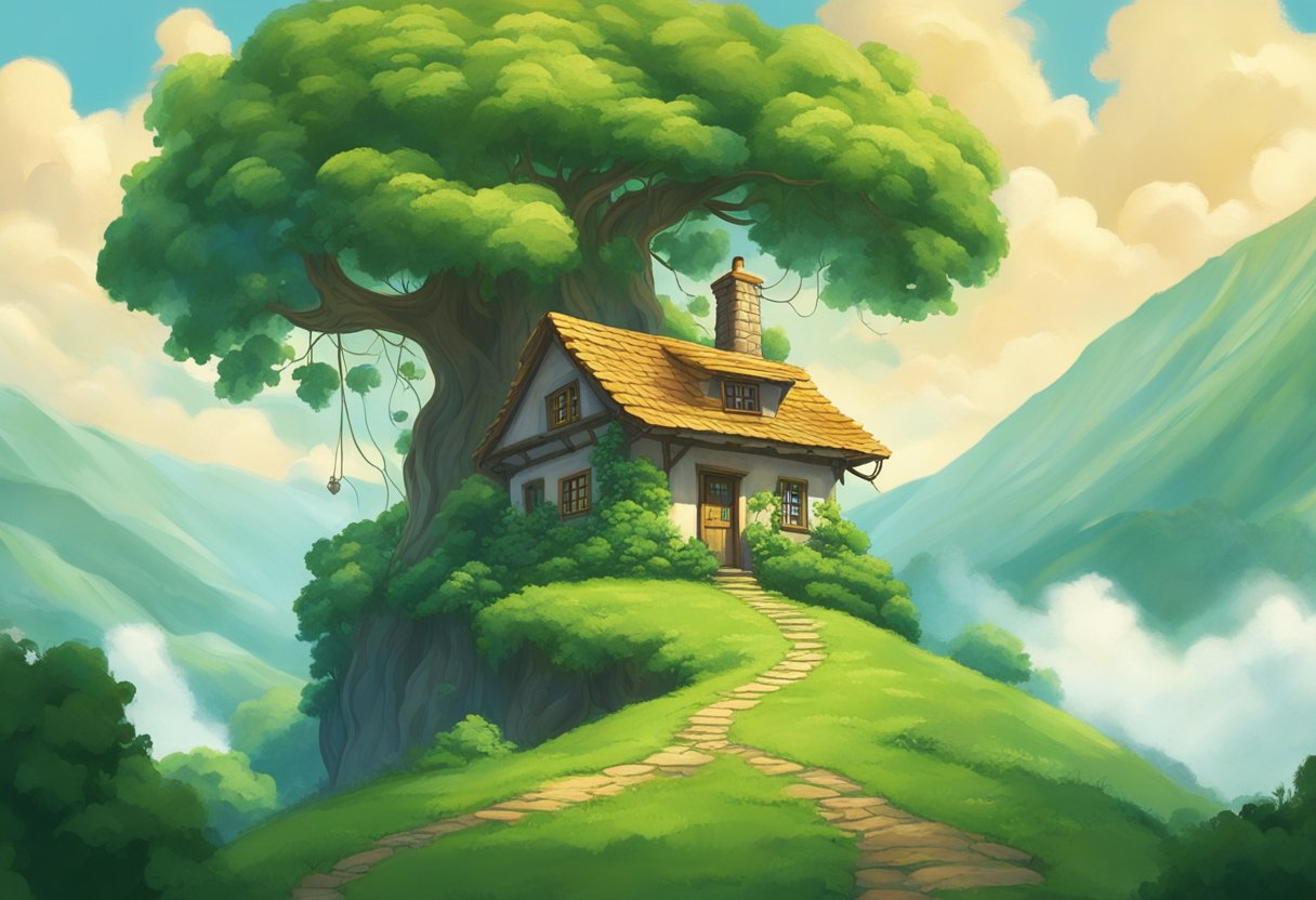 A small cottage nestled in a lush, green valley. A towering beanstalk stretches up towards the sky, its leaves and tendrils reaching out towards the clouds