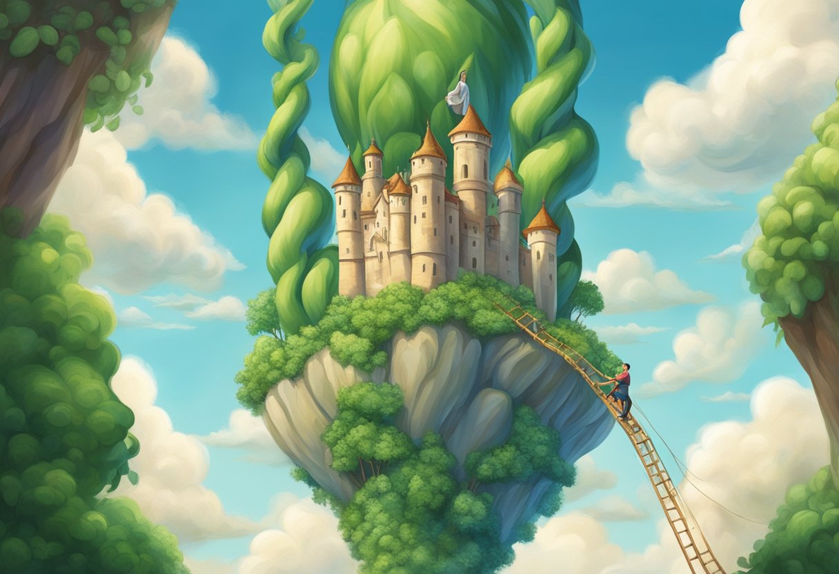 Jack climbing the towering beanstalk, reaching for the clouds, with a giant castle in the sky