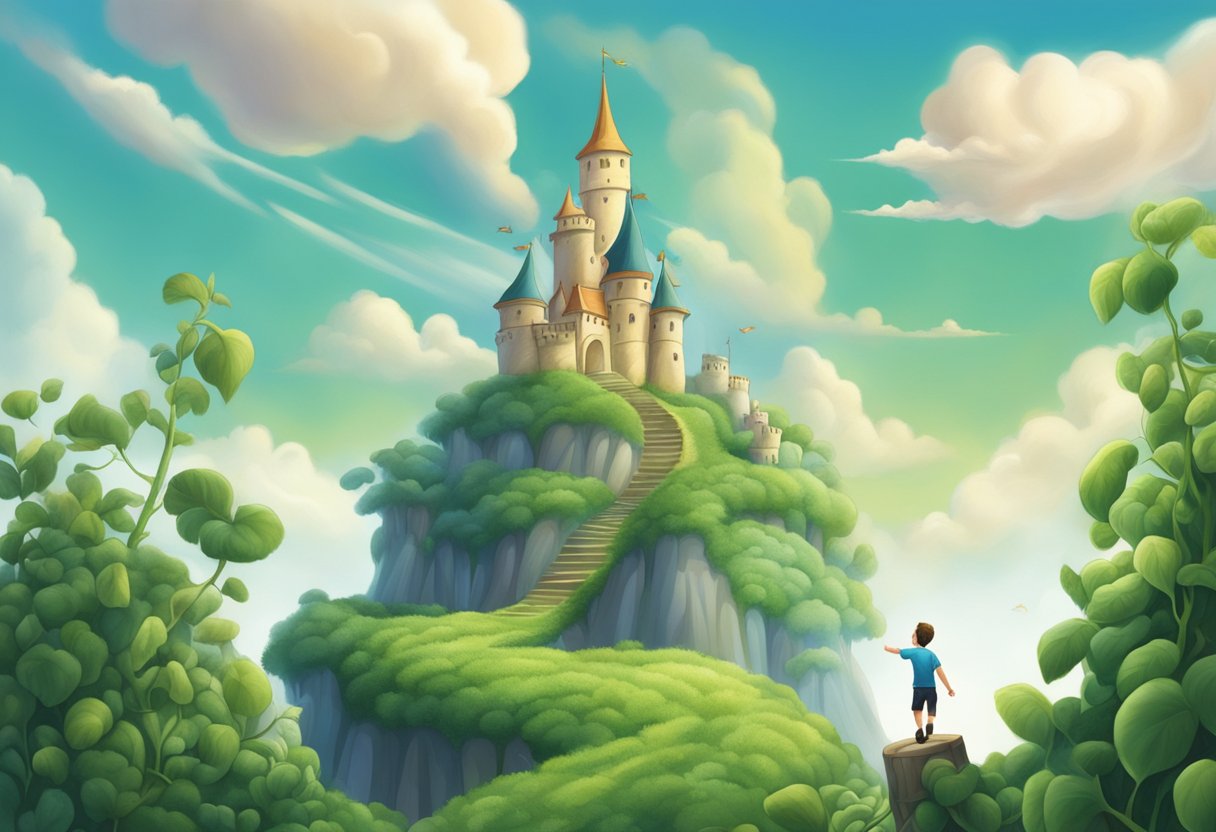 Jack climbing the towering beanstalk, reaching for the clouds, with a giant castle in the distance