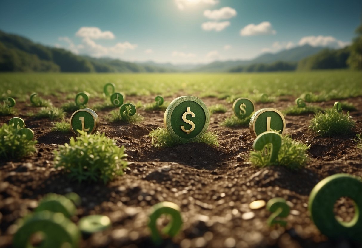 Lush green landscape with digital currency symbols sprouting from the ground, surrounded by question marks