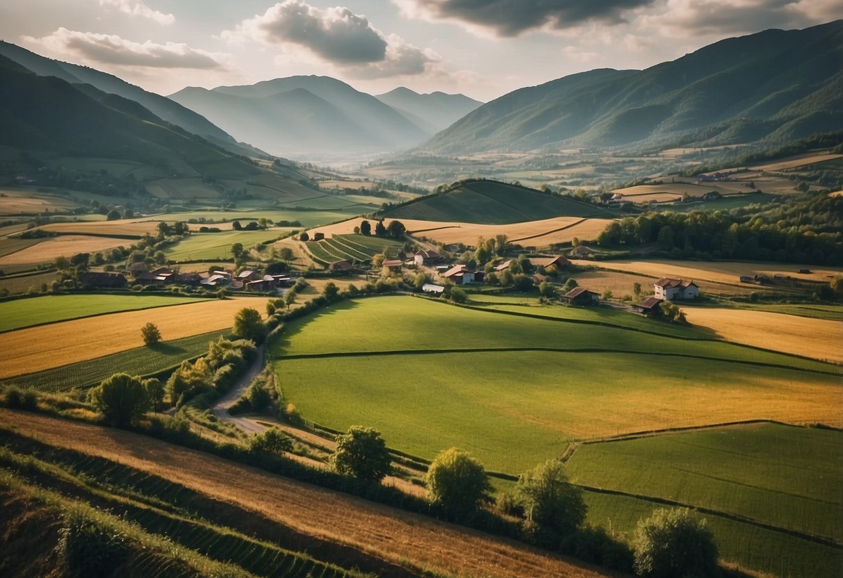 A rural landscape with a mix of traditional and modern infrastructure, featuring a small village surrounded by farmland and a backdrop of mountains