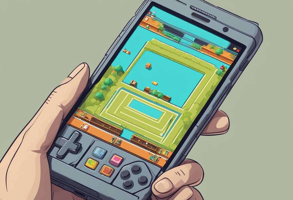 A hand holding a smartphone with the Delta emulator open, displaying a classic game ROM being played with on-screen controls