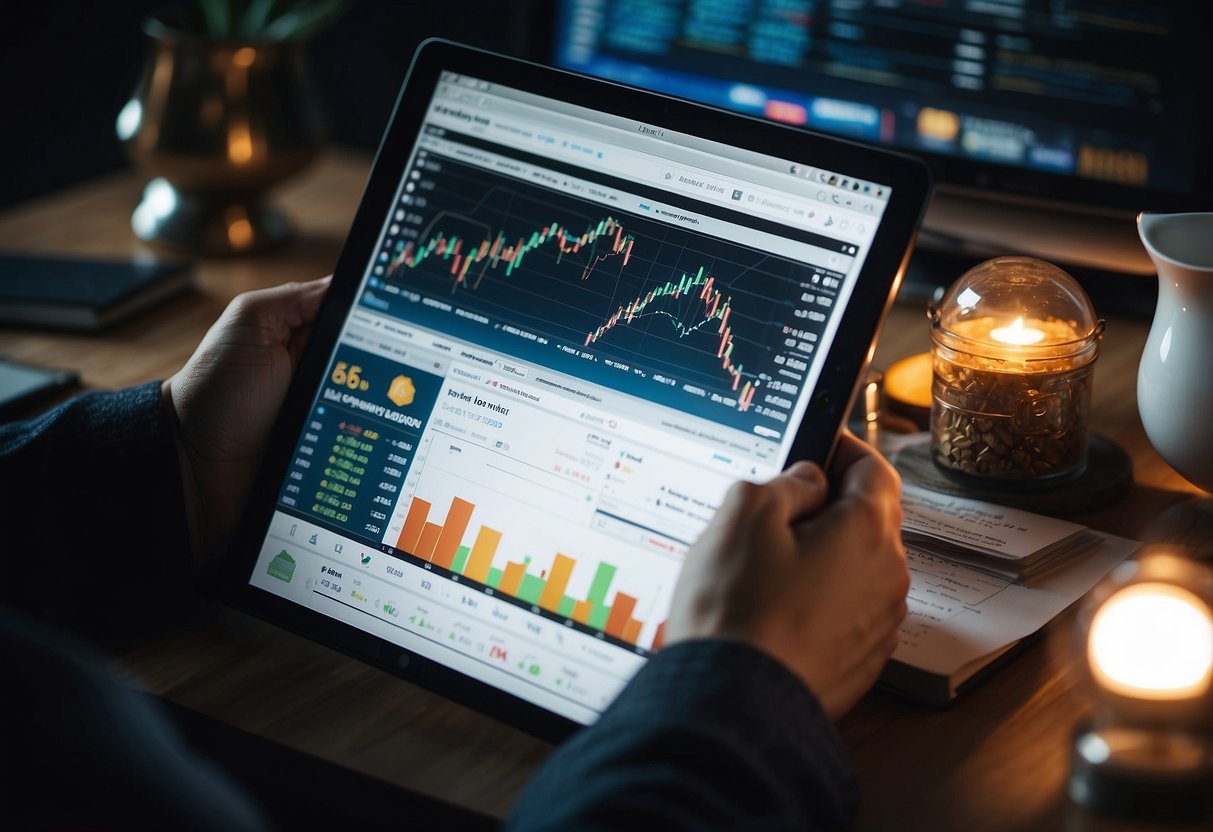 A person studying a chart of cryptocurrency trends, surrounded by books on finance and technology