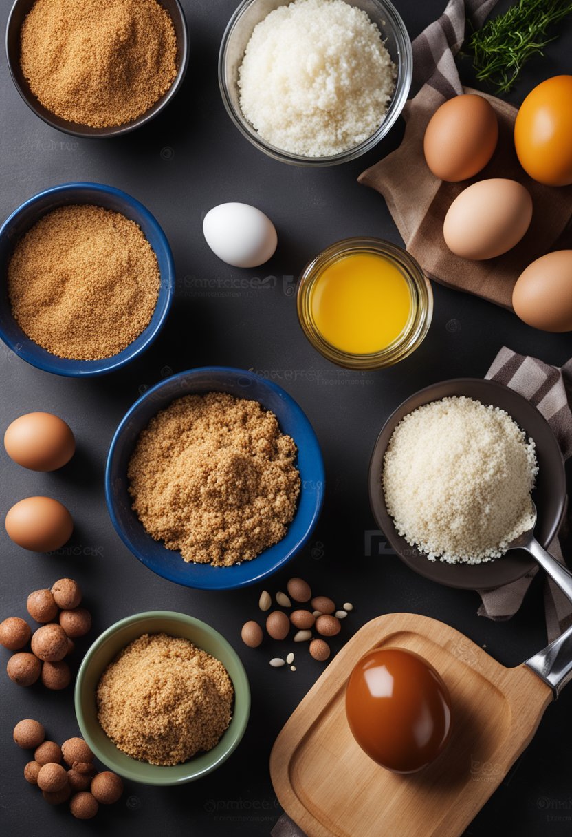 A kitchen counter with ingredients: ground meat, breadcrumbs, eggs, ketchup, and spices. A mixing bowl and a loaf pan are ready for preparation