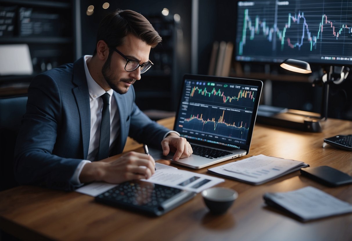 A person studying financial education and risk management in cryptocurrencies, surrounded by charts and graphs