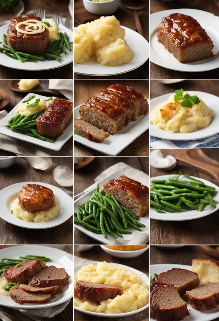 A table set with various types of meatloaf: classic, bacon-wrapped, and vegetarian. Sides of mashed potatoes and green beans complete the meal