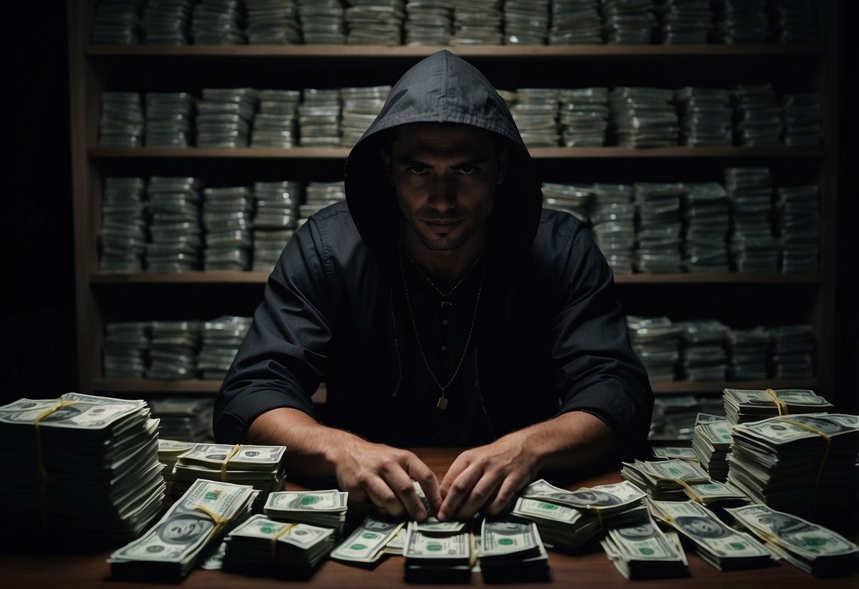 A dark and shadowy figure hunched over a computer, surrounded by stacks of cash and cryptocurrency, with a devious grin on their face