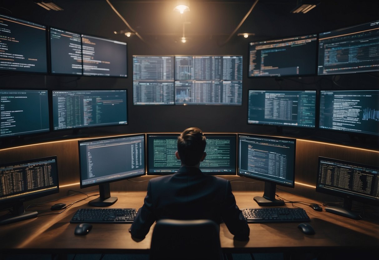 A chaotic scene of cyber fraud and hacking in the world of cryptocurrency, with computer screens displaying malicious code and stolen digital assets