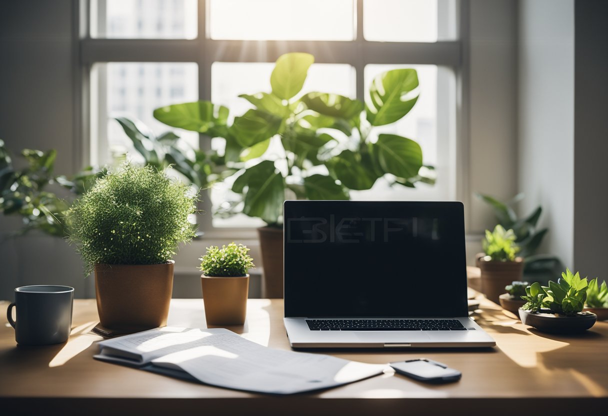 A desk with a laptop, calculator, and financial documents. A plant in the background. Bright, natural light coming through a window