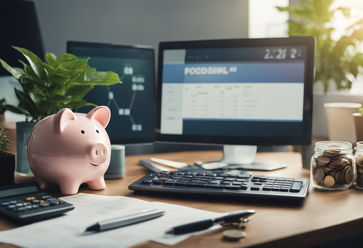 A desk with a laptop, calculator, and financial documents. A vision board with financial goals. A piggy bank and a jar of coins. A plant on the desk