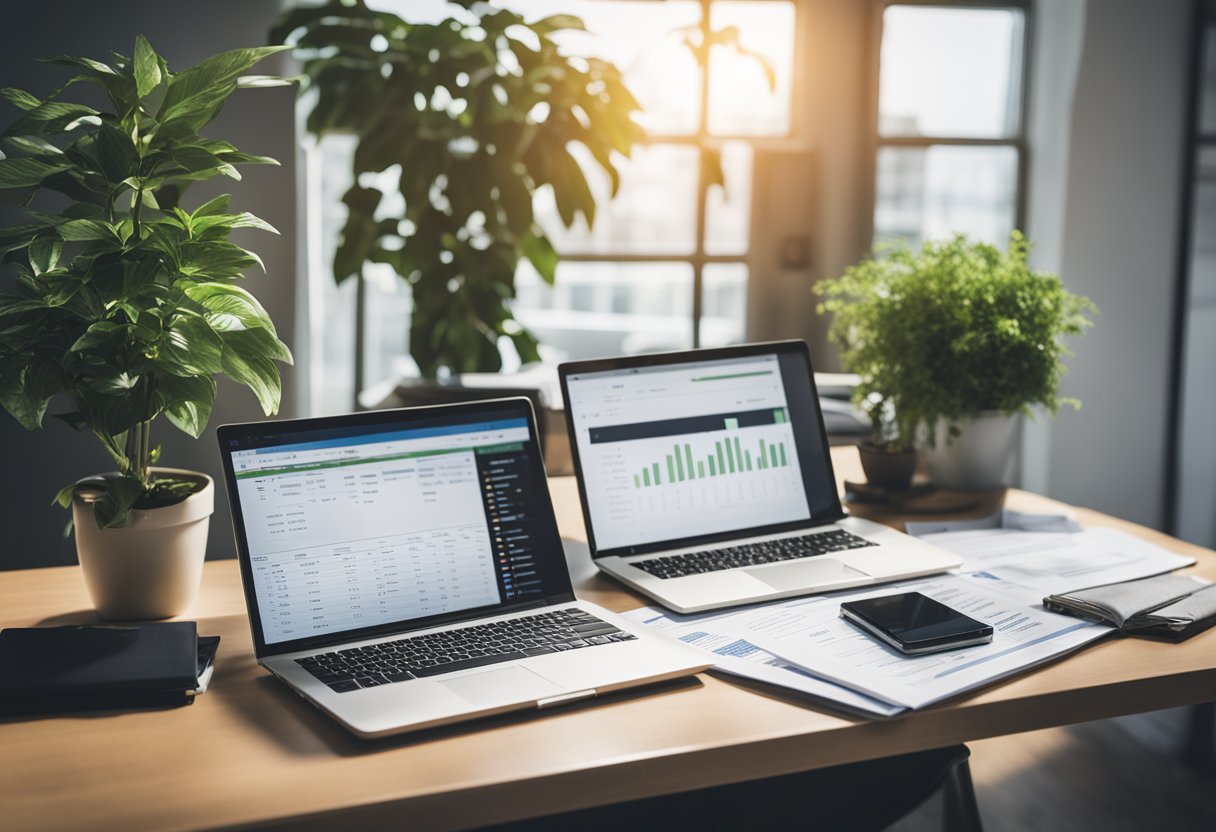A desk with a laptop, calculator, and budgeting spreadsheets. A stack of financial books and a plant in the background. Bright, natural light fills the room