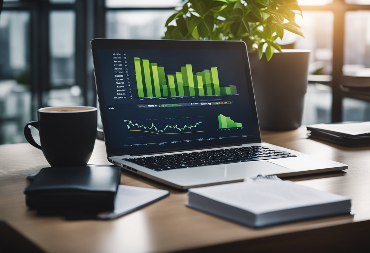 A desk with a laptop, financial charts, and a stack of books on investment strategies. A plant sits in the corner, adding a touch of greenery to the workspace