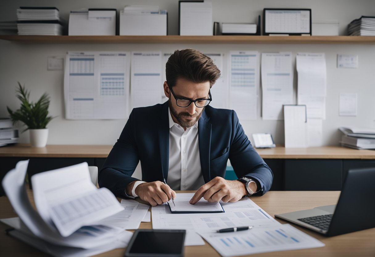 An entrepreneur sits at a desk with a laptop and a stack of bills. They are carefully reviewing their financial statements and creating a budget to manage their debt and credit. A calendar on the wall marks important payment deadlines