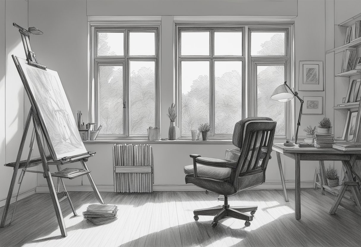 A well-lit studio with a comfortable chair, easel, and drawing materials set up for a portrait session