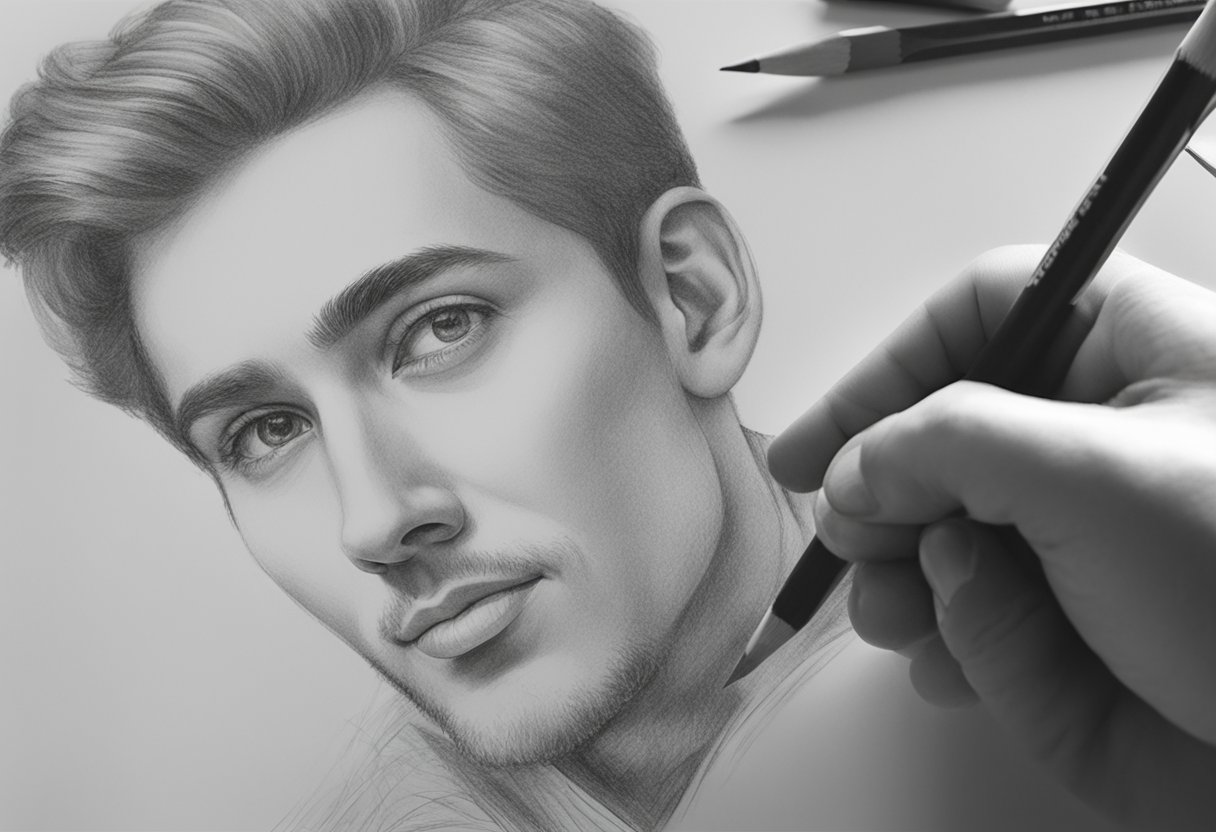 A pencil sketch of a portrait being drawn, with the artist's hand holding the pencil and using various shading and blending techniques