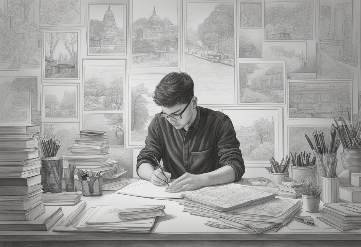 A person sitting at a desk, concentrating on a detailed portrait drawing, with various art supplies scattered around