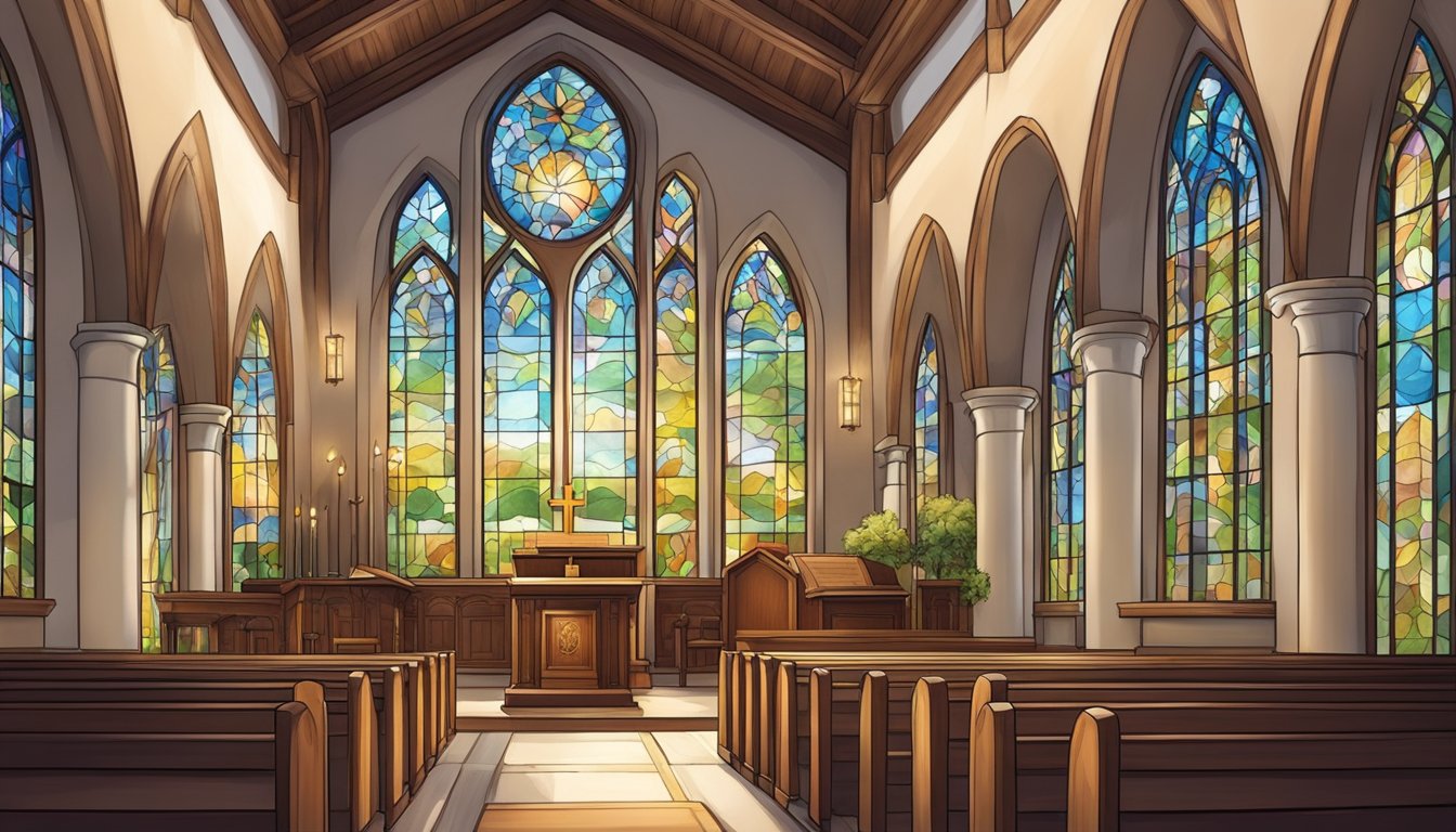 A serene church setting with an open Bible on a wooden pulpit, surrounded by pews and stained glass windows, evoking a sense of peace and spirituality