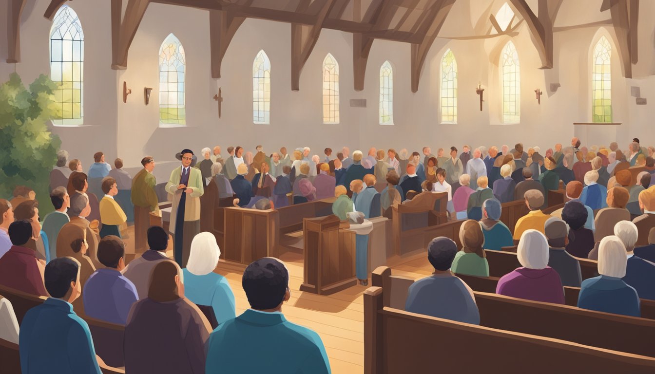 People gathered in the church, listening to a sermon and engaging in discussions about the church's philosophy and teachings