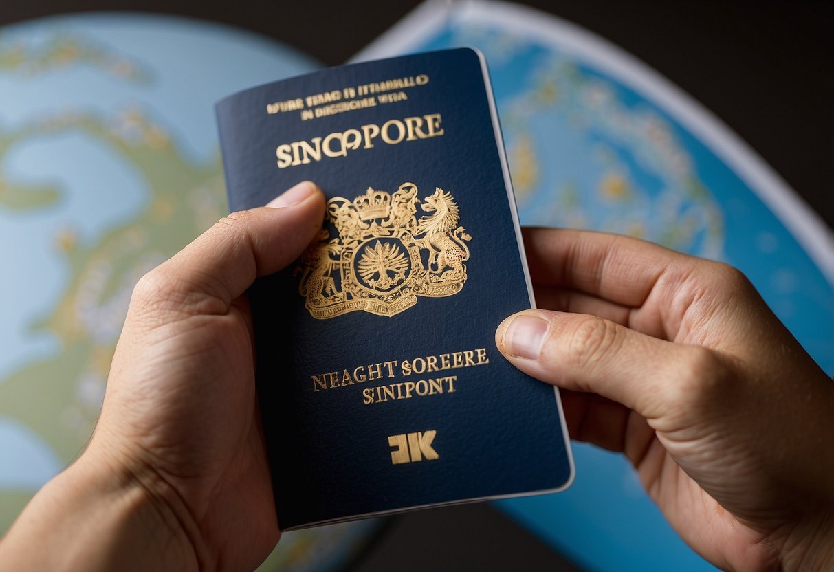 A hand holding a passport with a visa stamp, next to a map of Singapore and a plane ticket