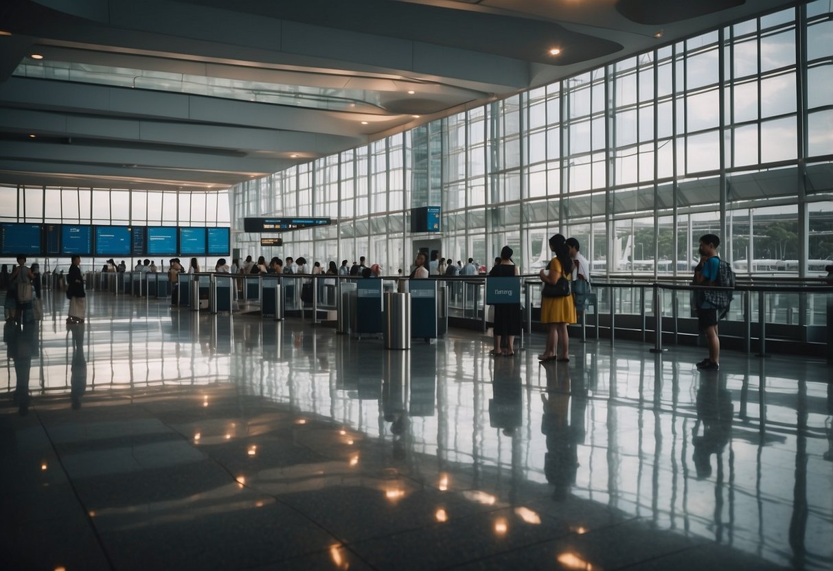 Passengers wait at a modern, spacious boarding gate in Singapore, with sleek, clean lines and large windows offering views of the tarmac and planes