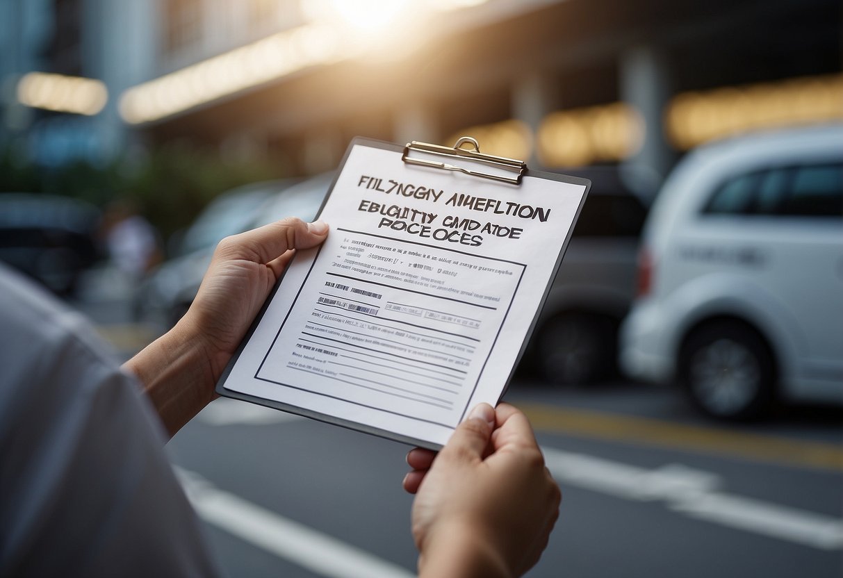 A hand holding a pen fills out a form next to a sign that reads "Eligibility and Application Process apply pr singapore."