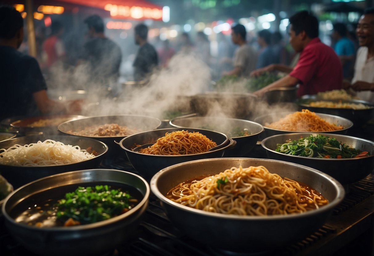A bustling hawker center with colorful stalls serving steaming bowls of noodles, sizzling woks of stir-fried dishes, and the aroma of spices and herbs filling the air
